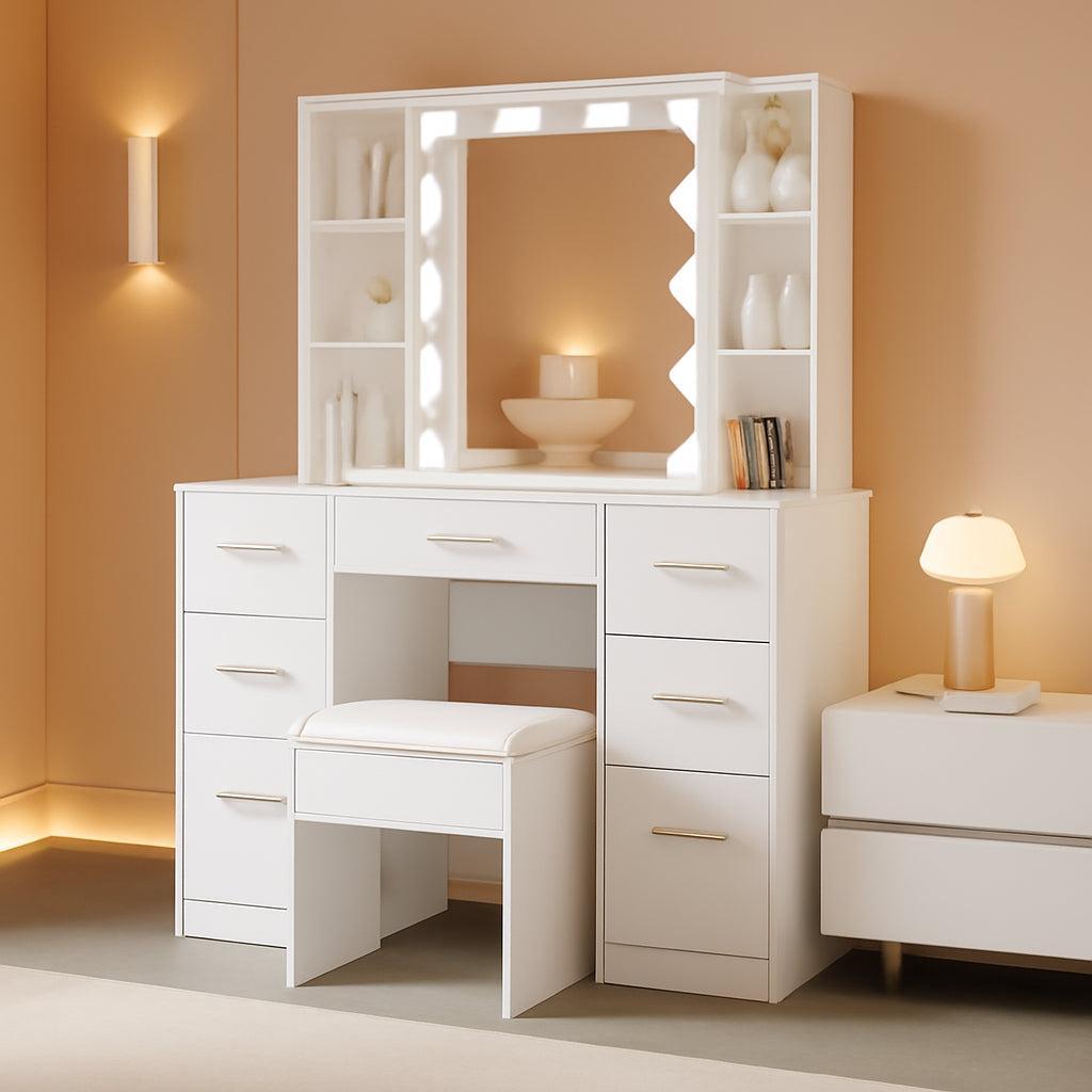 White Makeover Vanity Desk With Illuminated Mirror