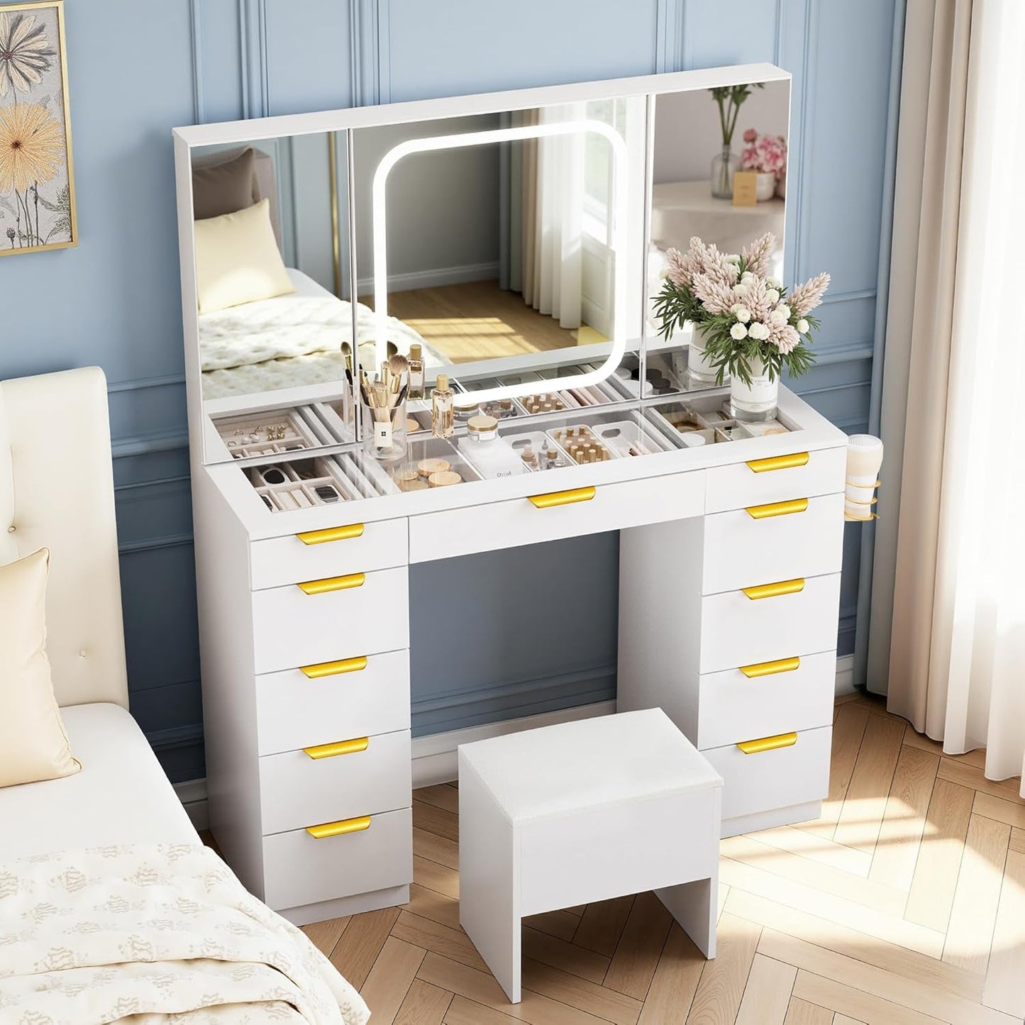 White Glass Top Vanity Desk With Integrated Lighting