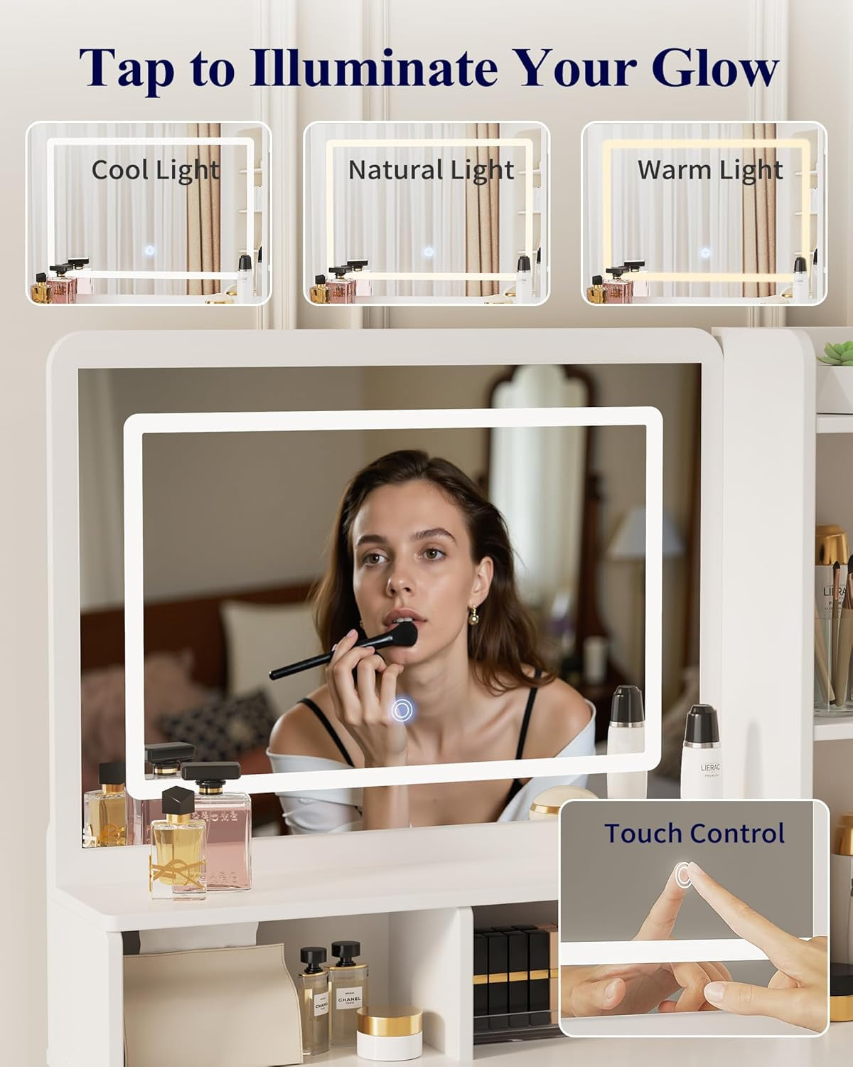 White Vanity Desk With Large Capacity Mirror Lights