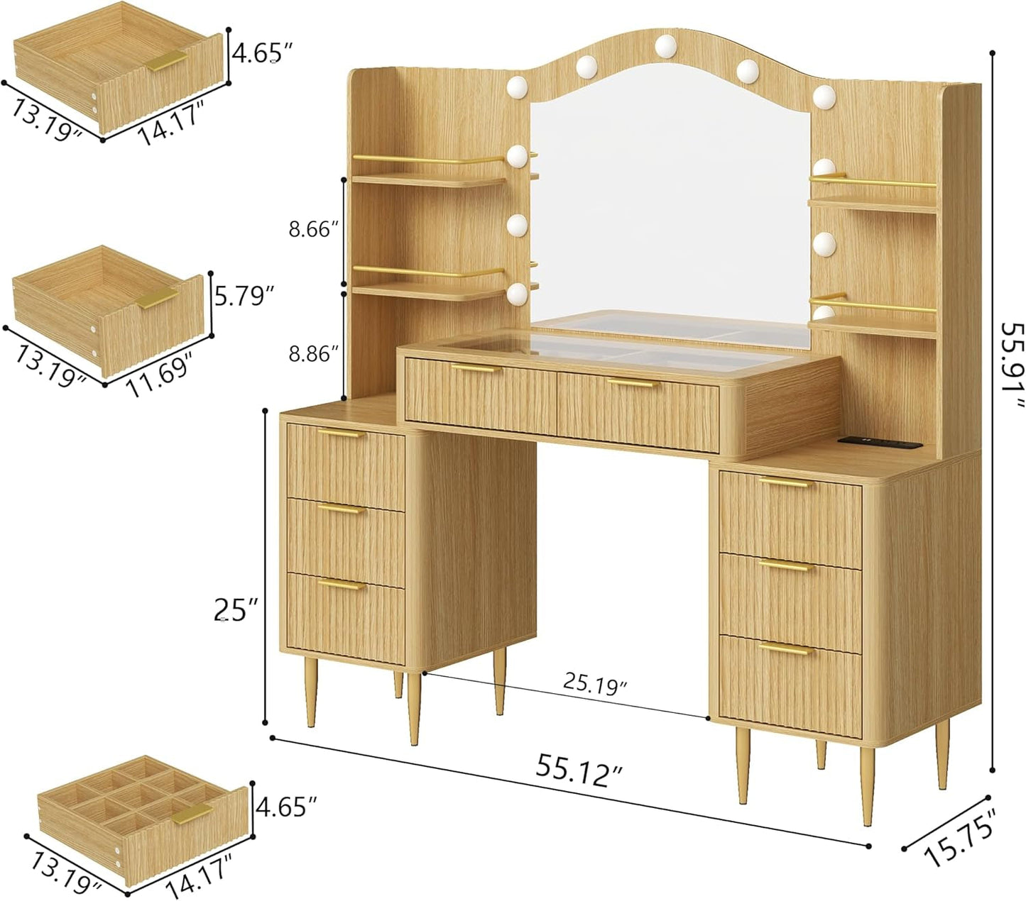 Fifty FiveInch Oak Vanity Desk With Mirror Lighting