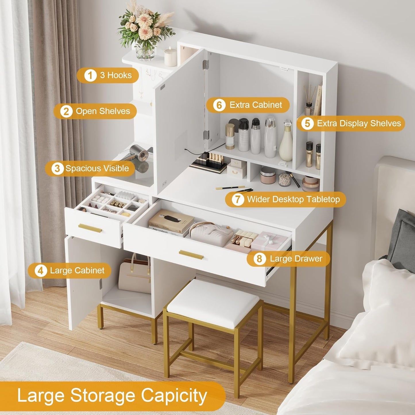 White Makeup Vanity Desk With Integrated LED Lighting