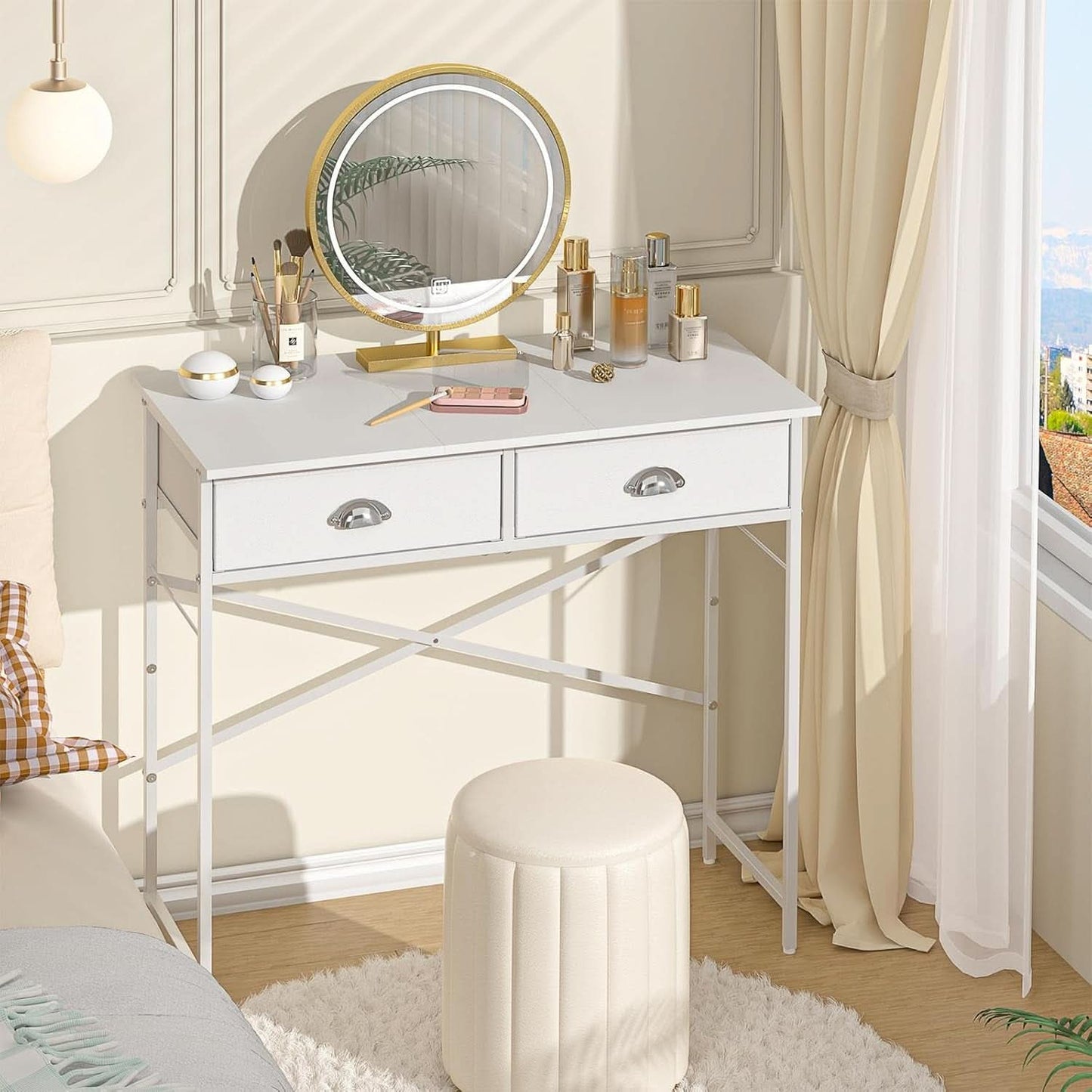 White 31.5 Inch Vanity Desk No Mirror Soft Fabric Drawers