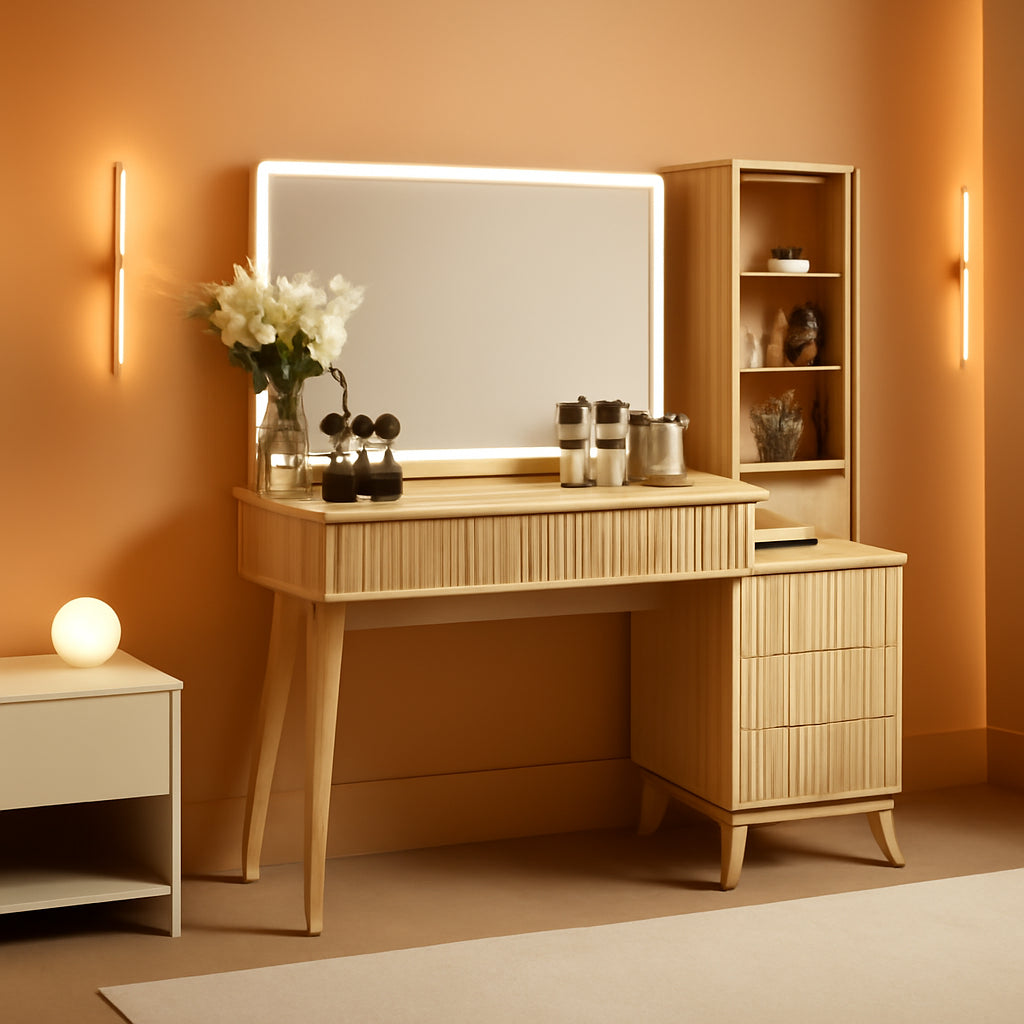 Forty EightI nch Fluted Vanity Desk Natural Oak Mirror