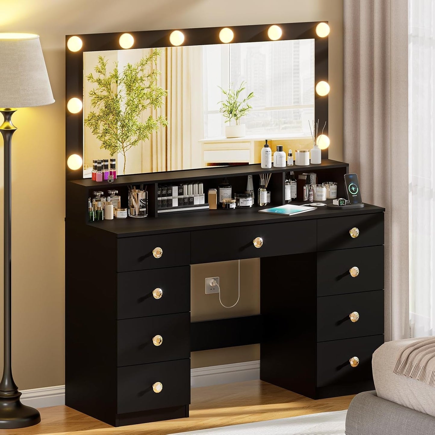 Black Vanity Desk With Illuminated Mirror Lighting