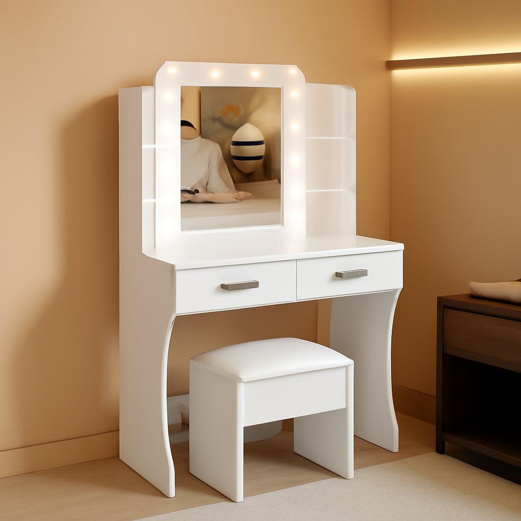 Porcelain White Vanity Desk With Mirror LED Lighting