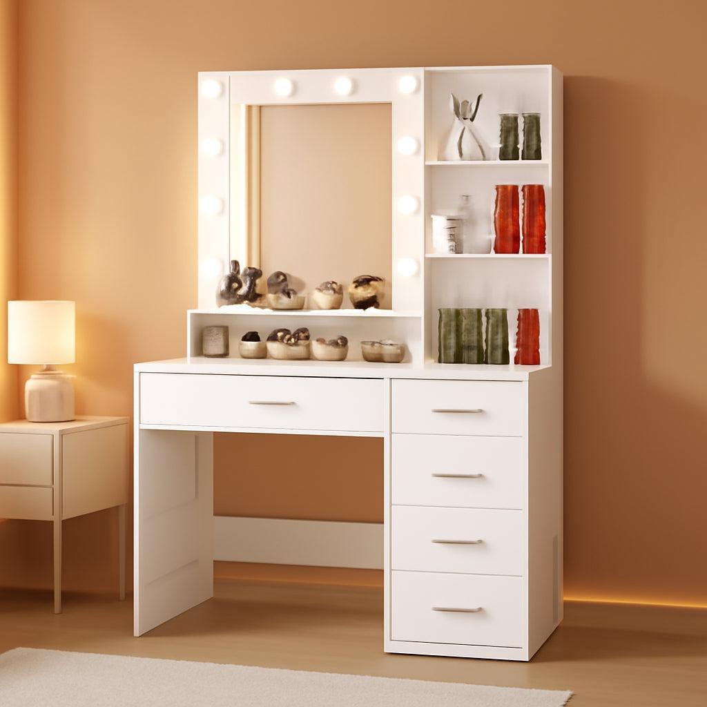 White Mirrored Vanity Desk With Illuminated Lights