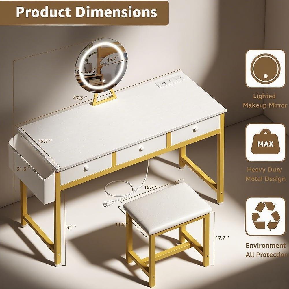White Gold Makeup Vanity Desk Illuminated Lighting