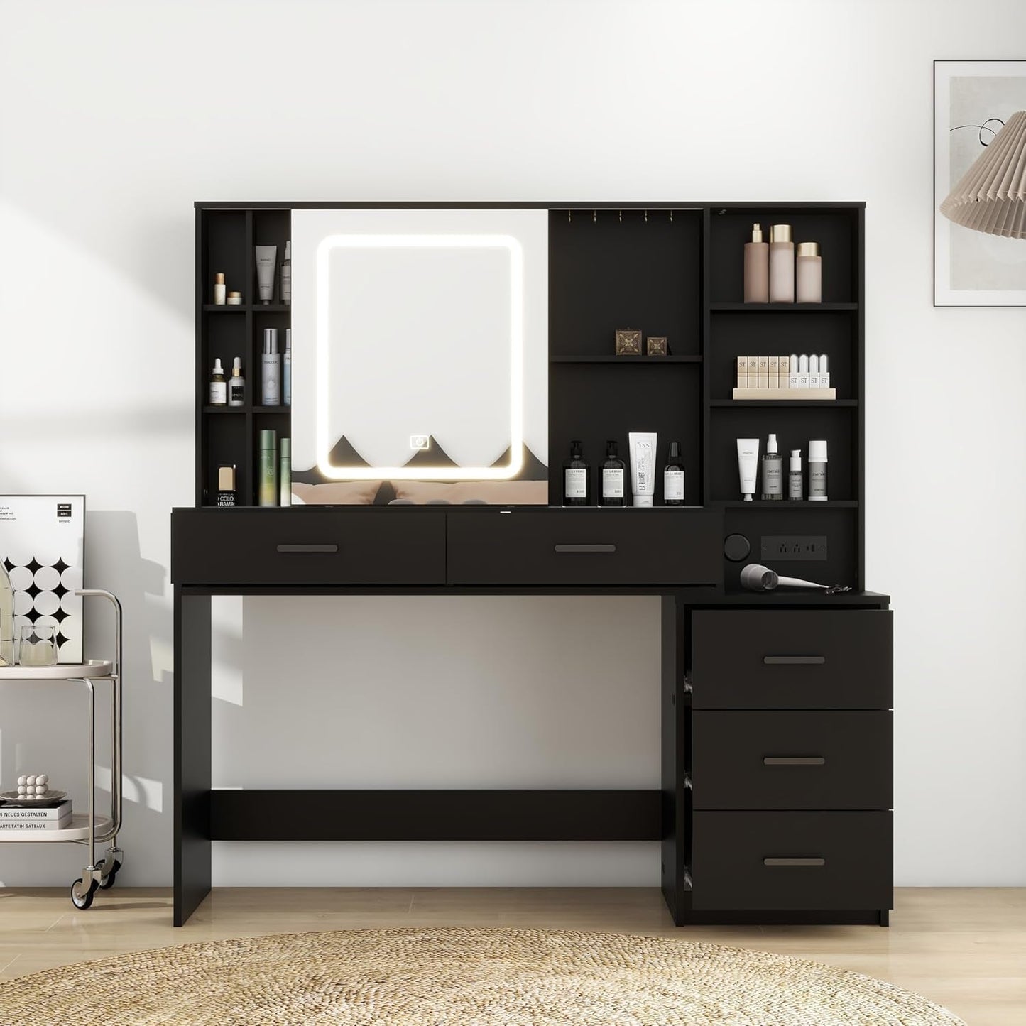 Black Vanity Desk With Large Mirror Illumination Mode
