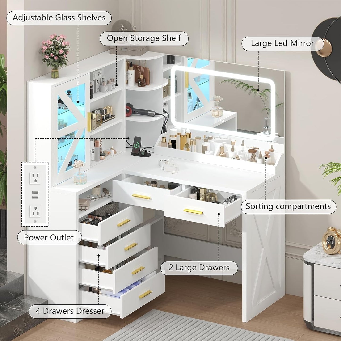 White L Shaped Vanity Table LED Mirror Illumination
