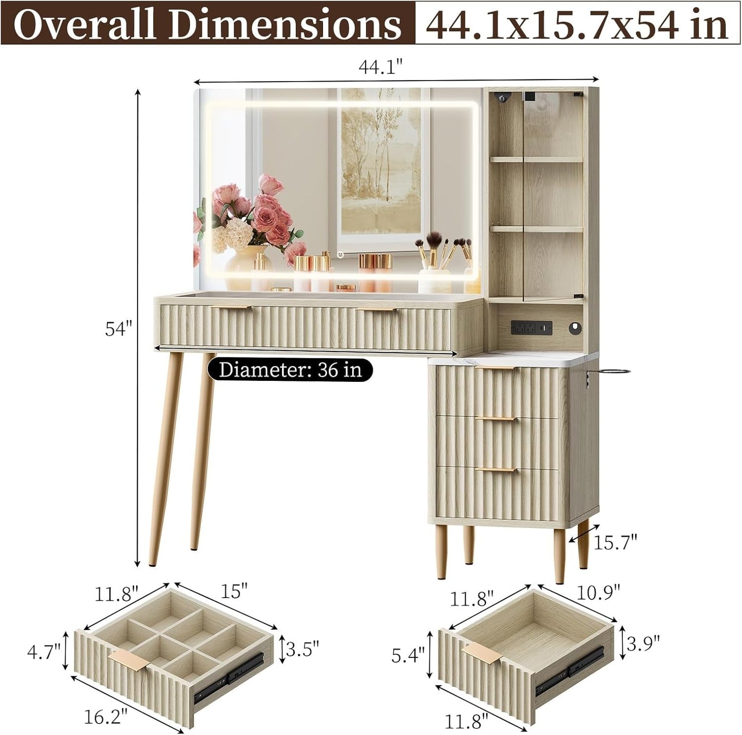 Weathered Oak Fluted Vanity Desk With High Power LED Mirror