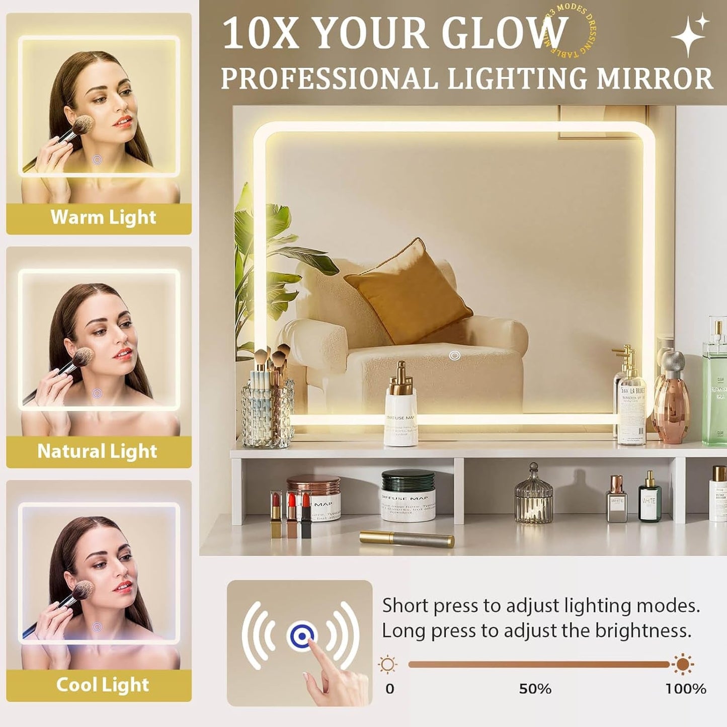 Pearl White Vanity Desk With Customizable Lighting
