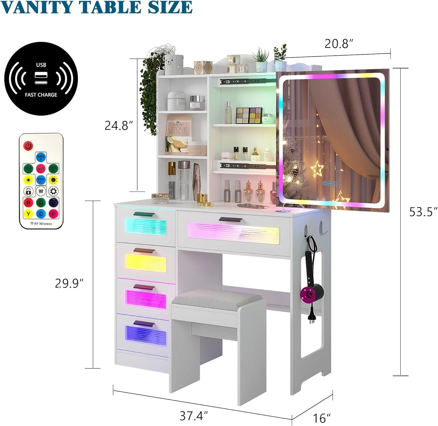 Contemporary White Vanity Table With LED Illumination