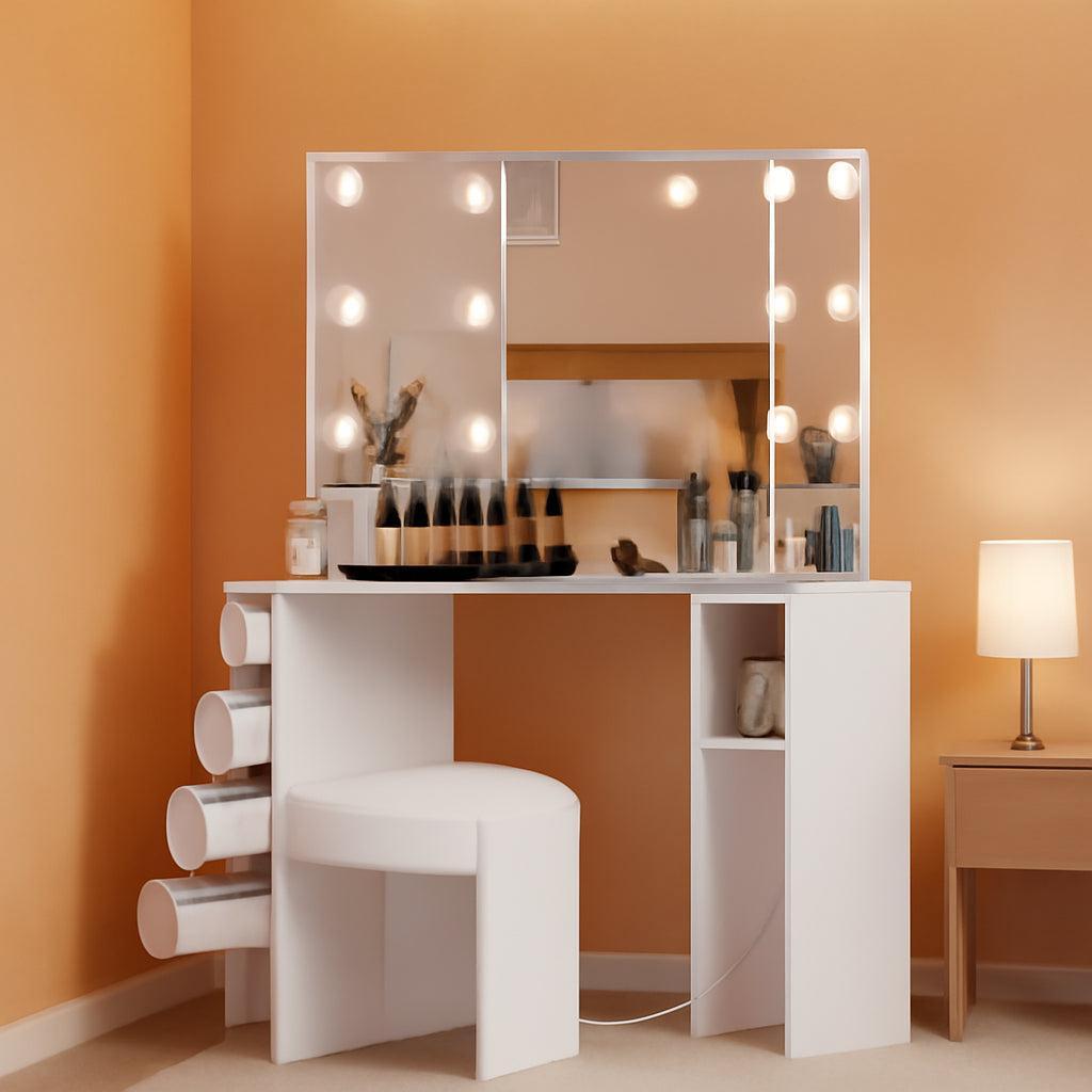 White Corner Vanity Desk With Illumination Modules