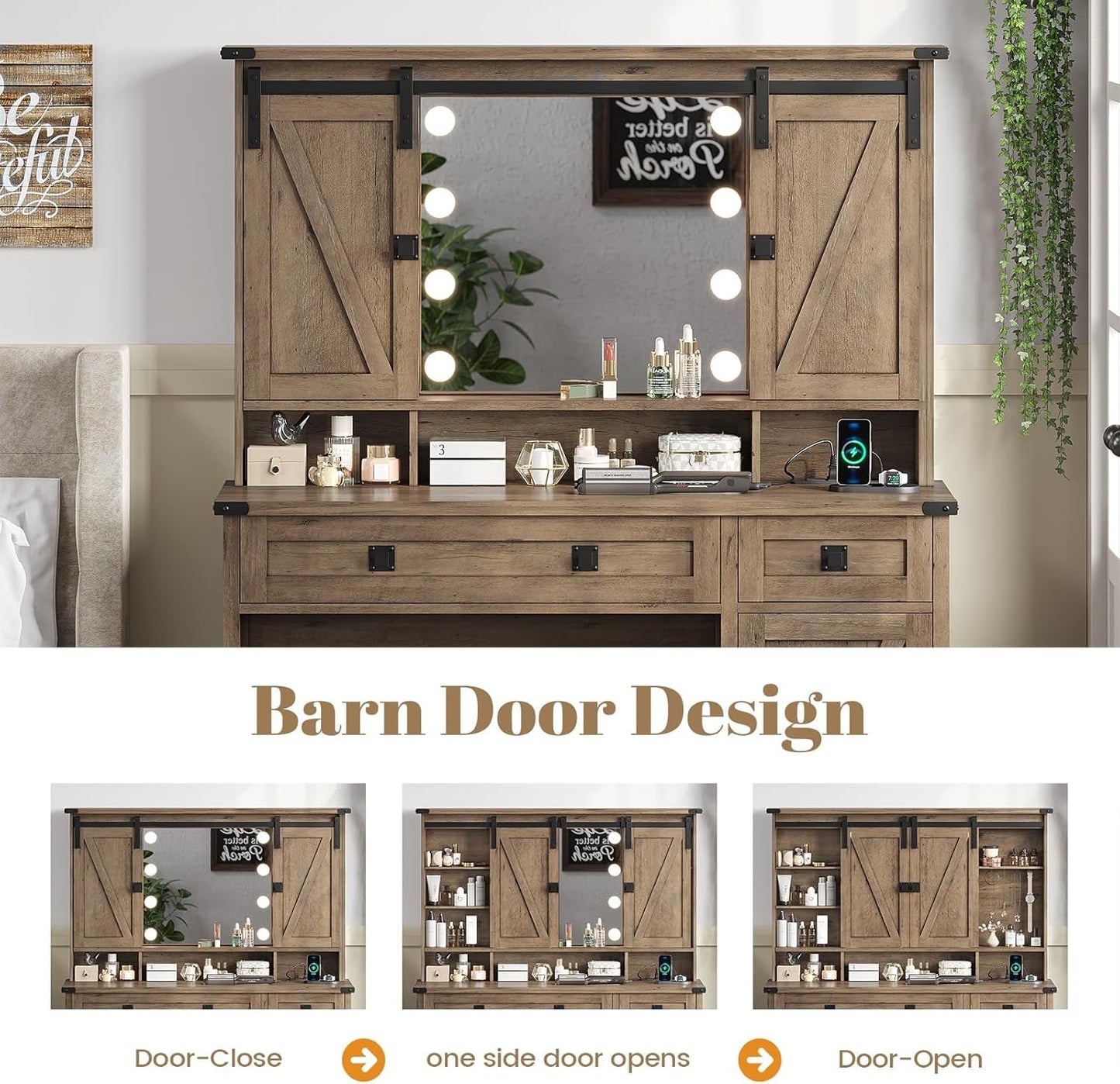 Brown Makeup Vanity With Integrated Lights Storage