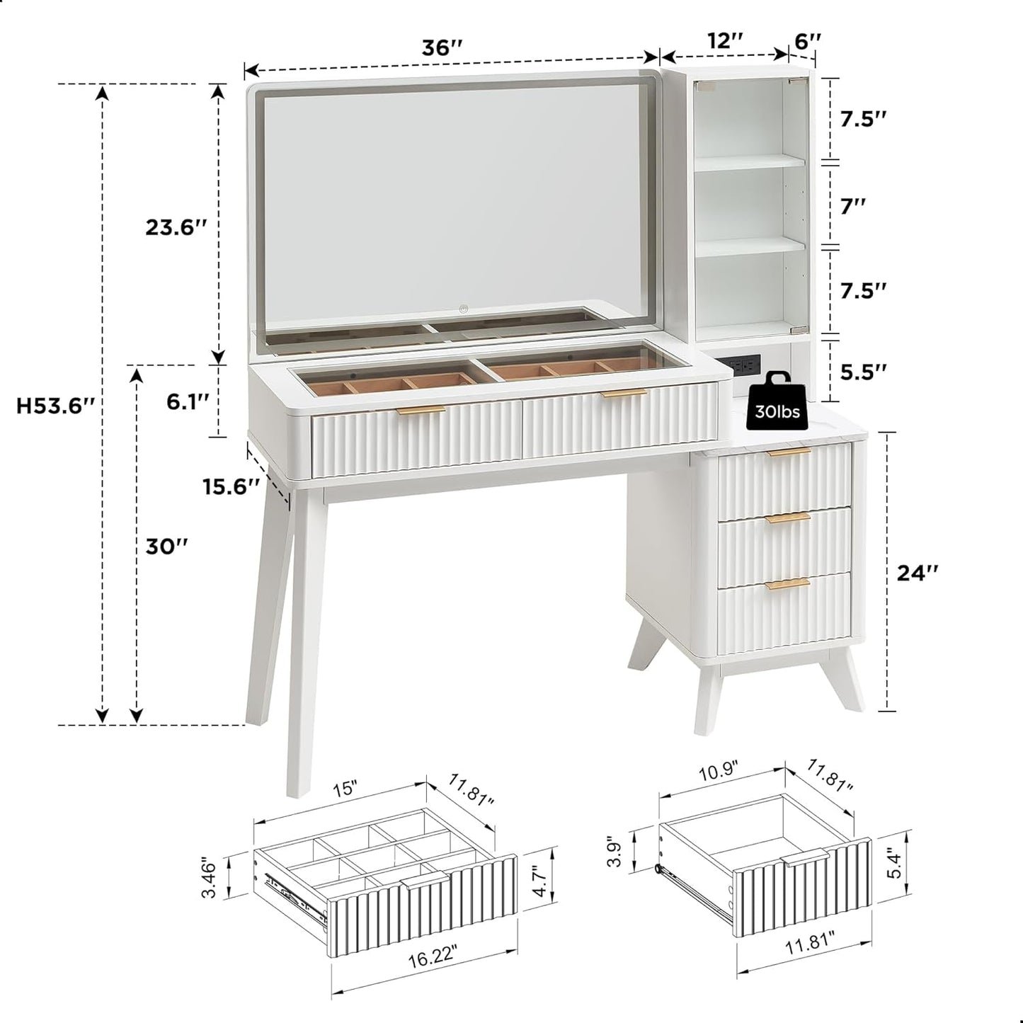 White Forty Eight nch Vanity Desk With LED Illuminated Mirror