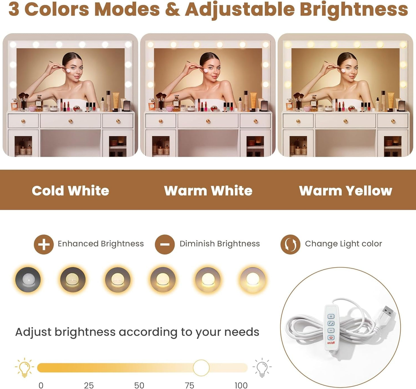 White Cosmetic Vanity Desk With Illuminated Mirror