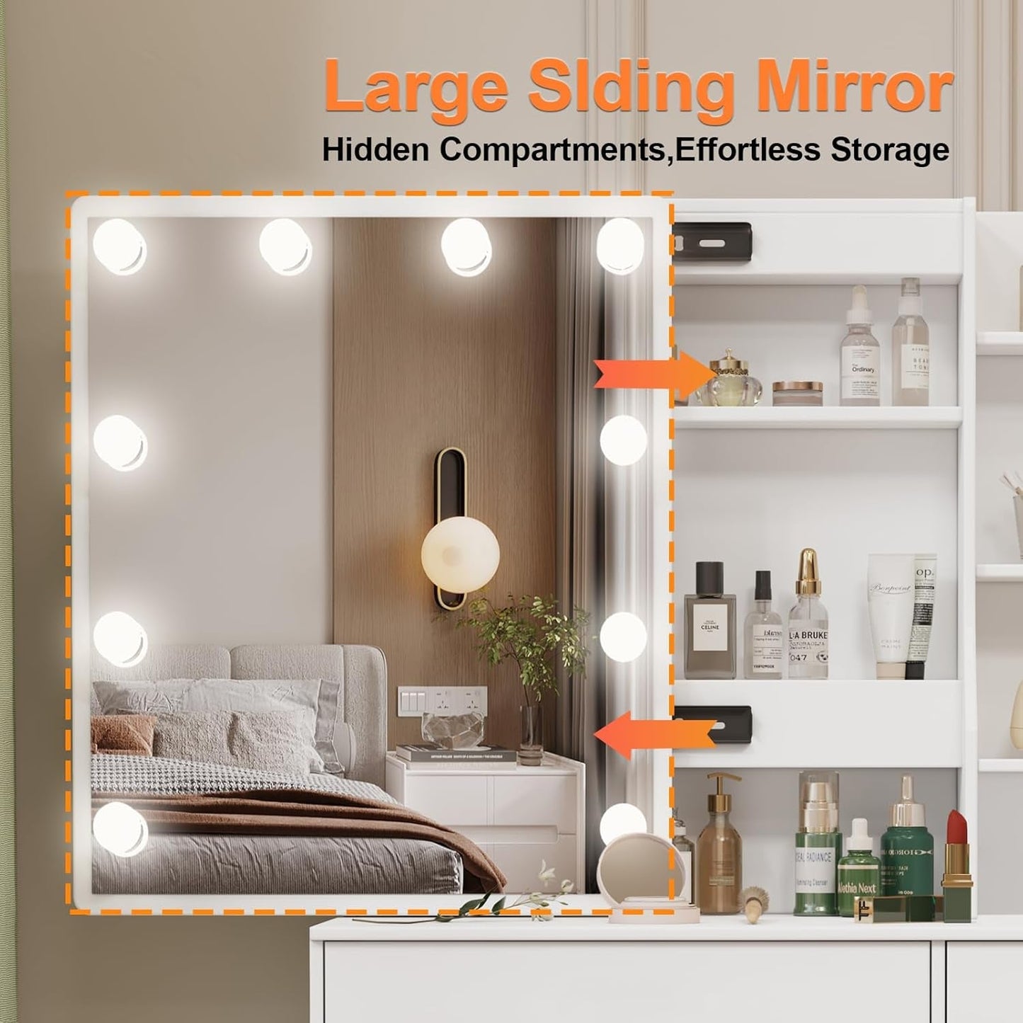 White Vanity Desk With Integrated Illuminated Mirror
