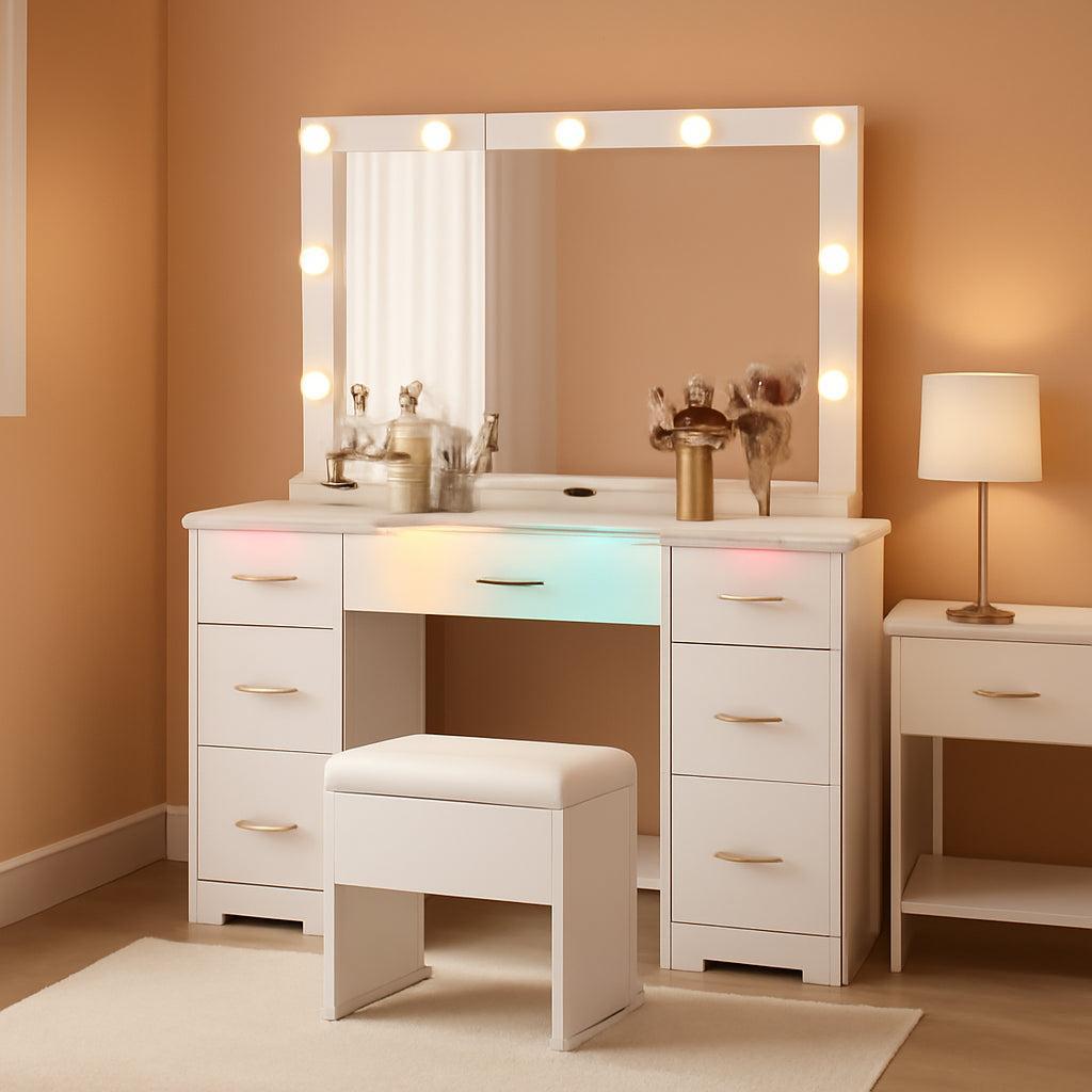 44 Inch White Glossy Vanity Desk Illuminated Mirror