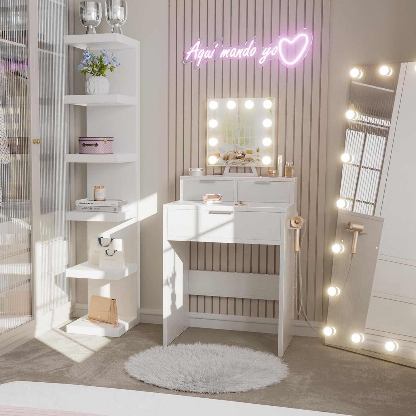 White Vanity Desk With Hollywood Mirror Illumination
