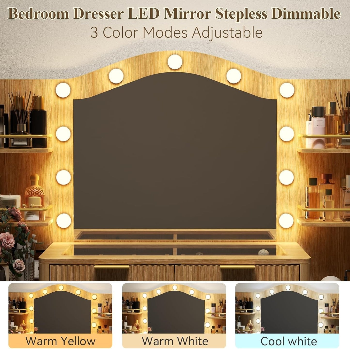 Fifty FiveInch Oak Vanity Desk With Mirror Lighting