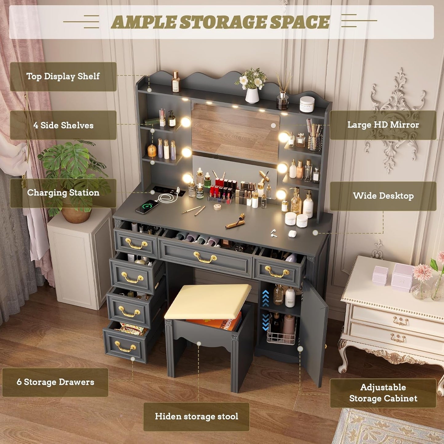 Grey Makeup Vanity Desk With Multifunctional Storage