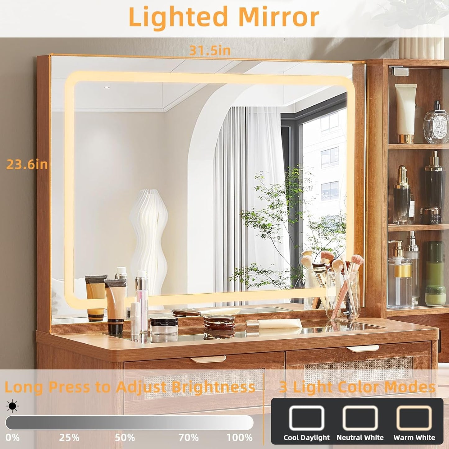 Rattan Vanity Desk 43.5-Inch With Illuminated Mirror