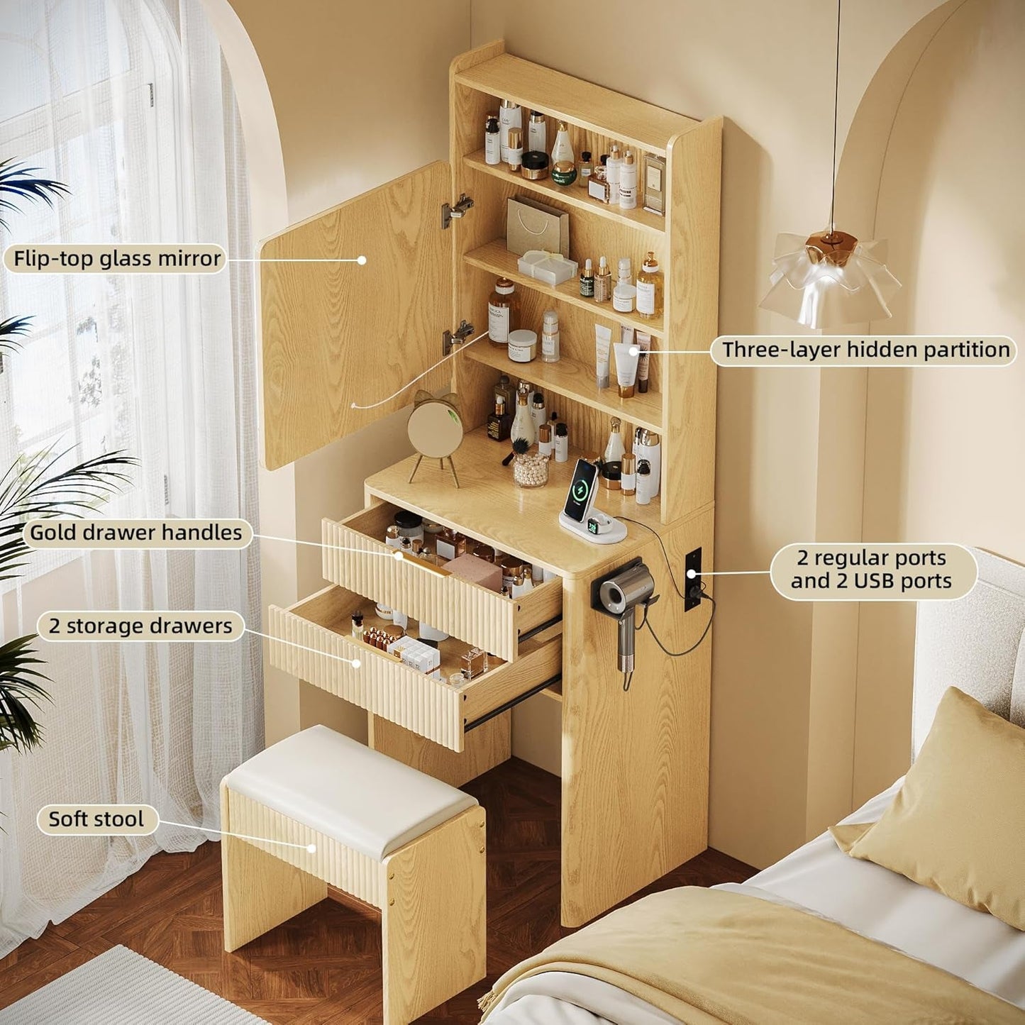 Three In One Vanity Desk Illuminated Storage Drawers