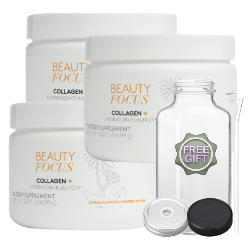 3 PACK - Beauty Focus® Powder Mix-In Collagen+ Citrus - includes Free 16oz Glass Jar with Lids and Straw