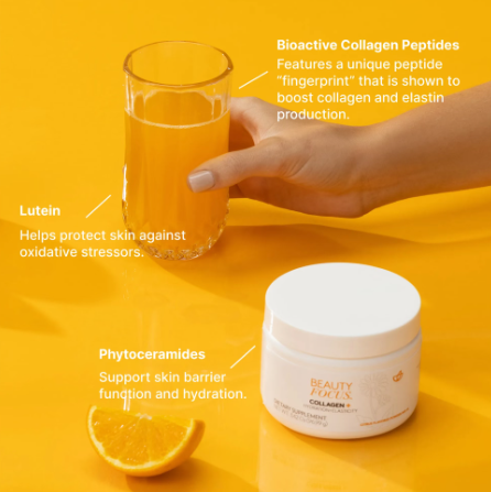 3 PACK - Beauty Focus® Powder Mix-In Collagen+ Citrus - includes Free 16oz Glass Jar with Lids and Straw