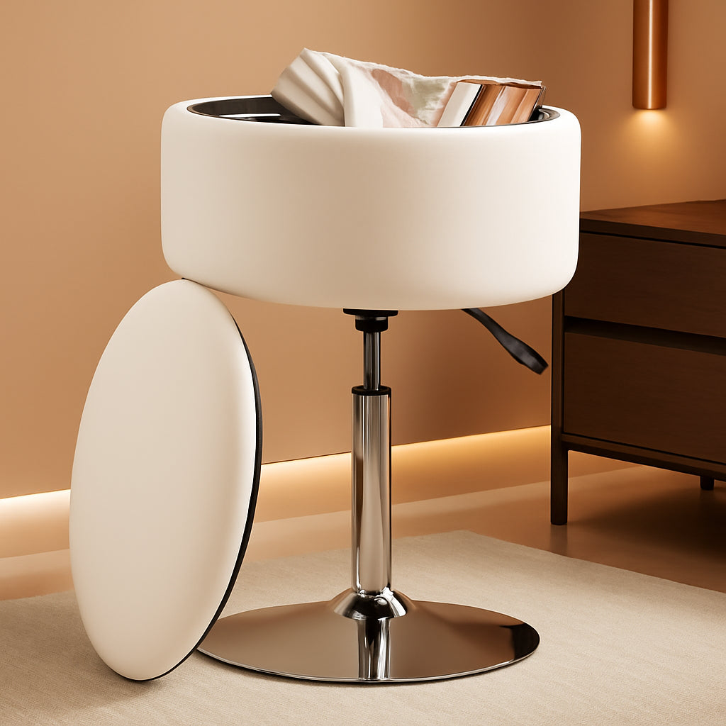 White Adjustable Vanity Stool With Storage Leatherette