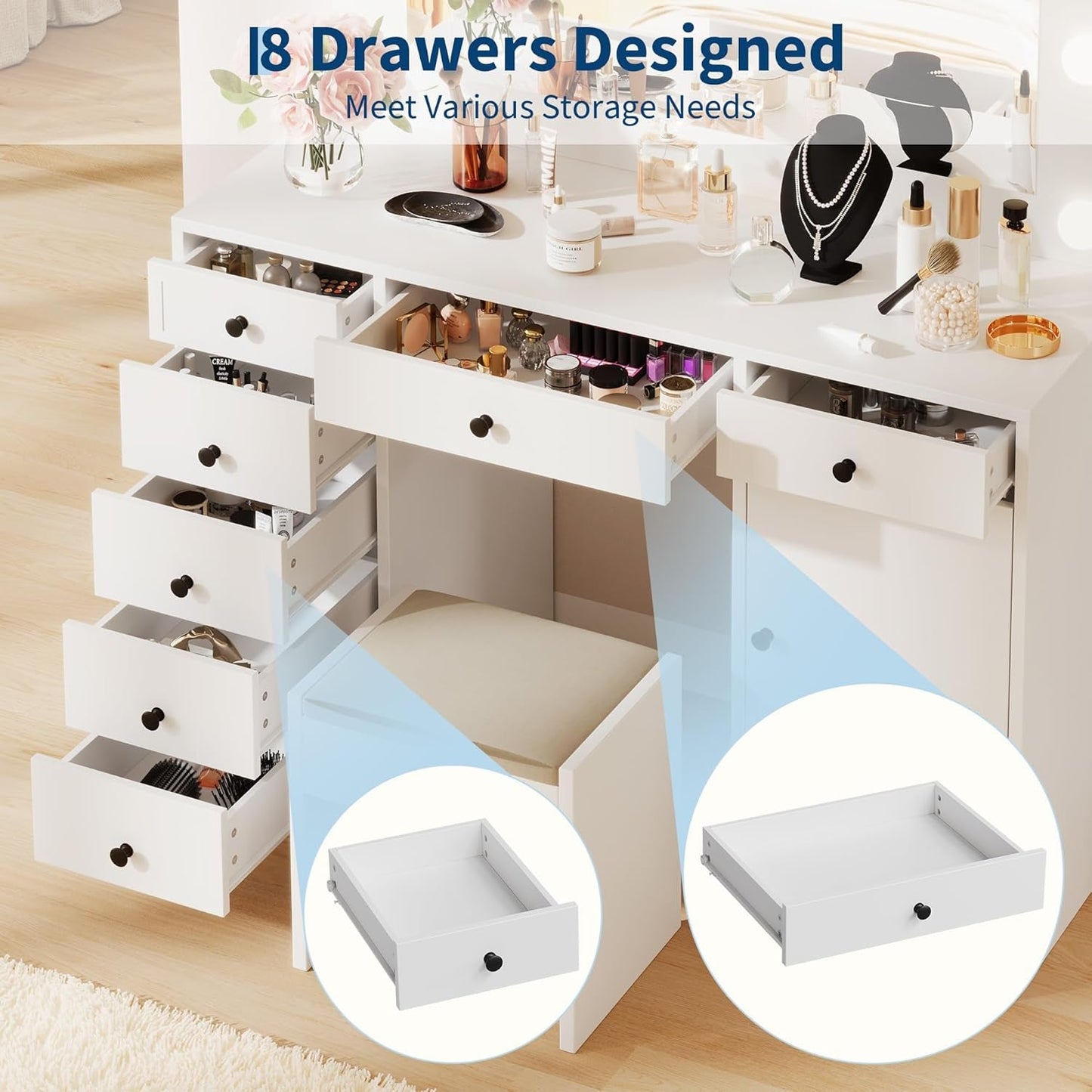 White Vanity Desk With Mirror And Storage Drawers Pro