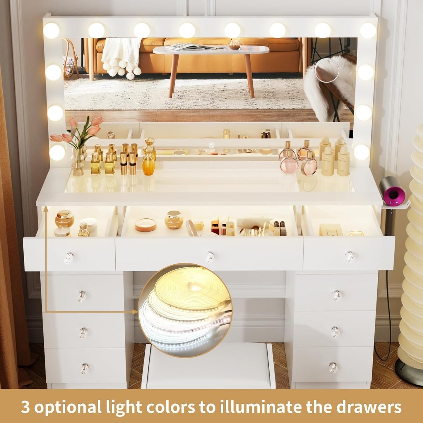 White Makeup Vanity With Illuminated Mirror Drawers