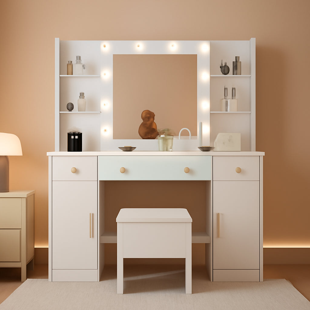 White Forty Three Inch Vanity Desk With Large Mirror