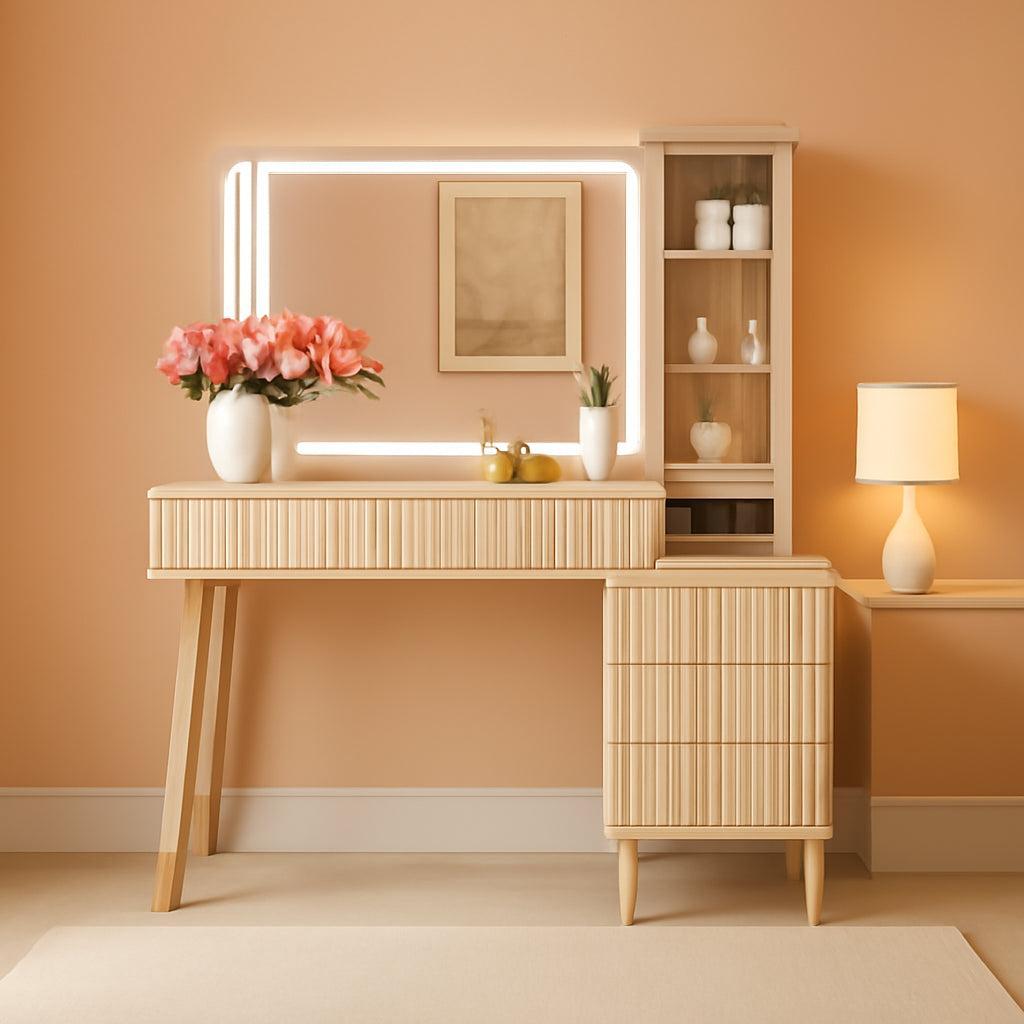 Weathered Oak Fluted Vanity Desk With High Power LED Mirror
