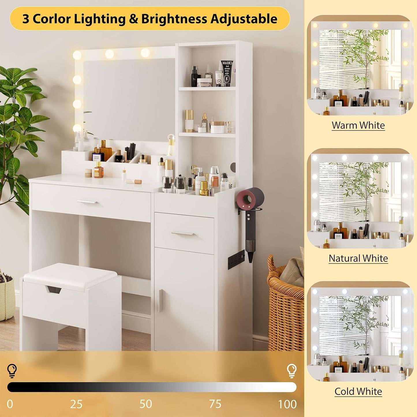 White Vanity Desk With Adjustable Lighting Storage