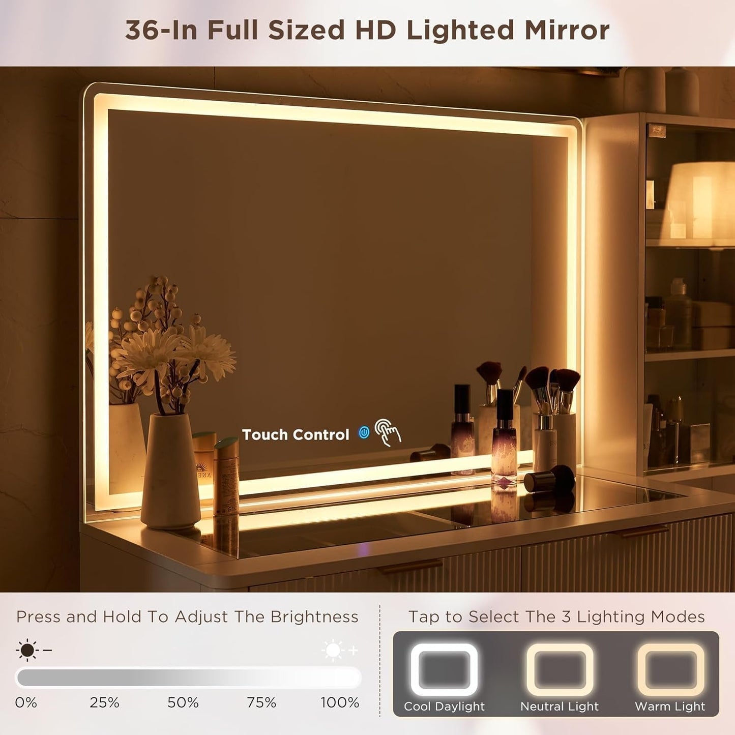 Thirty Six Inch Illuminated Mirror Vanity Desk Drawers Glass