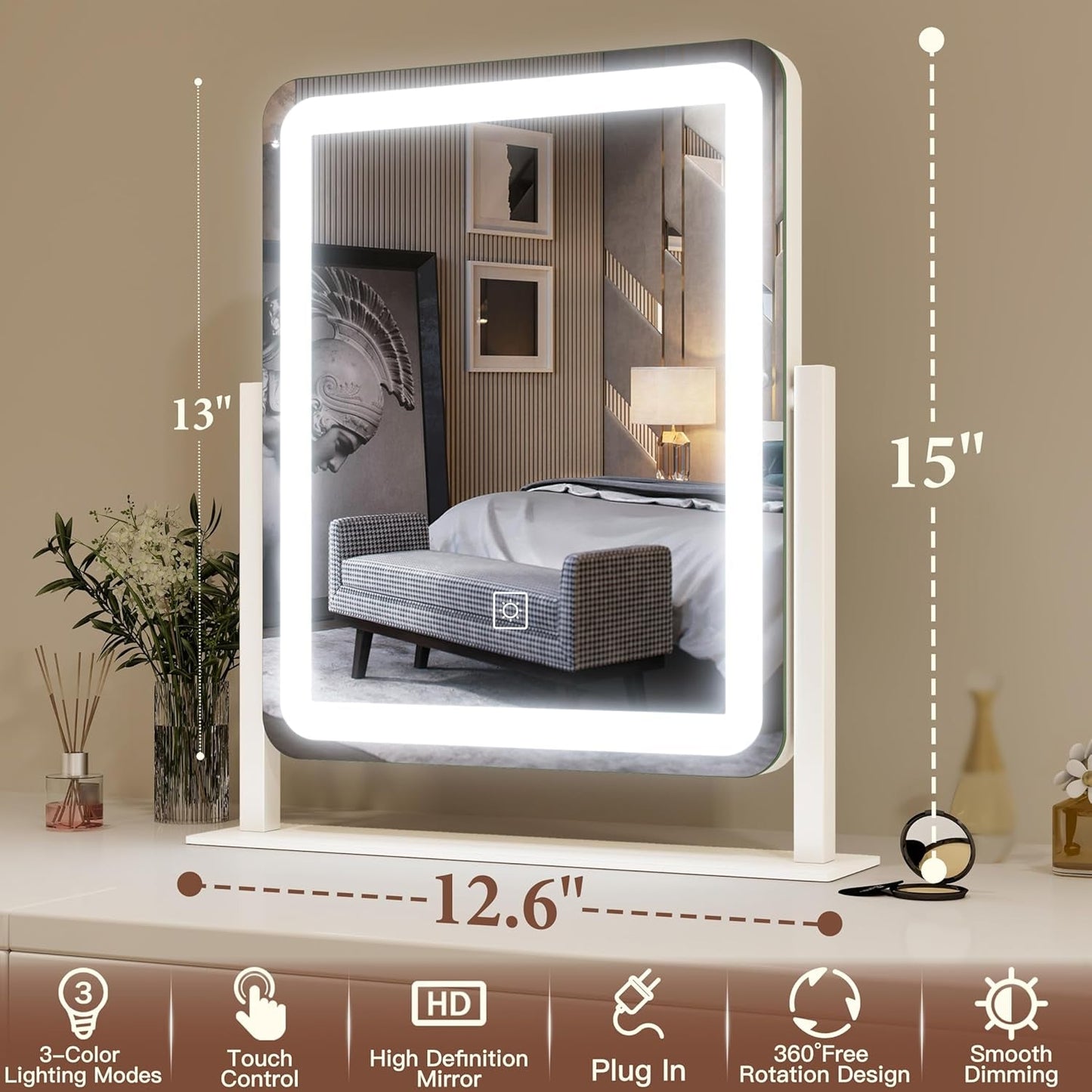 LED Lighted Vanity Mirror 15x12.6 Inches Adjustable