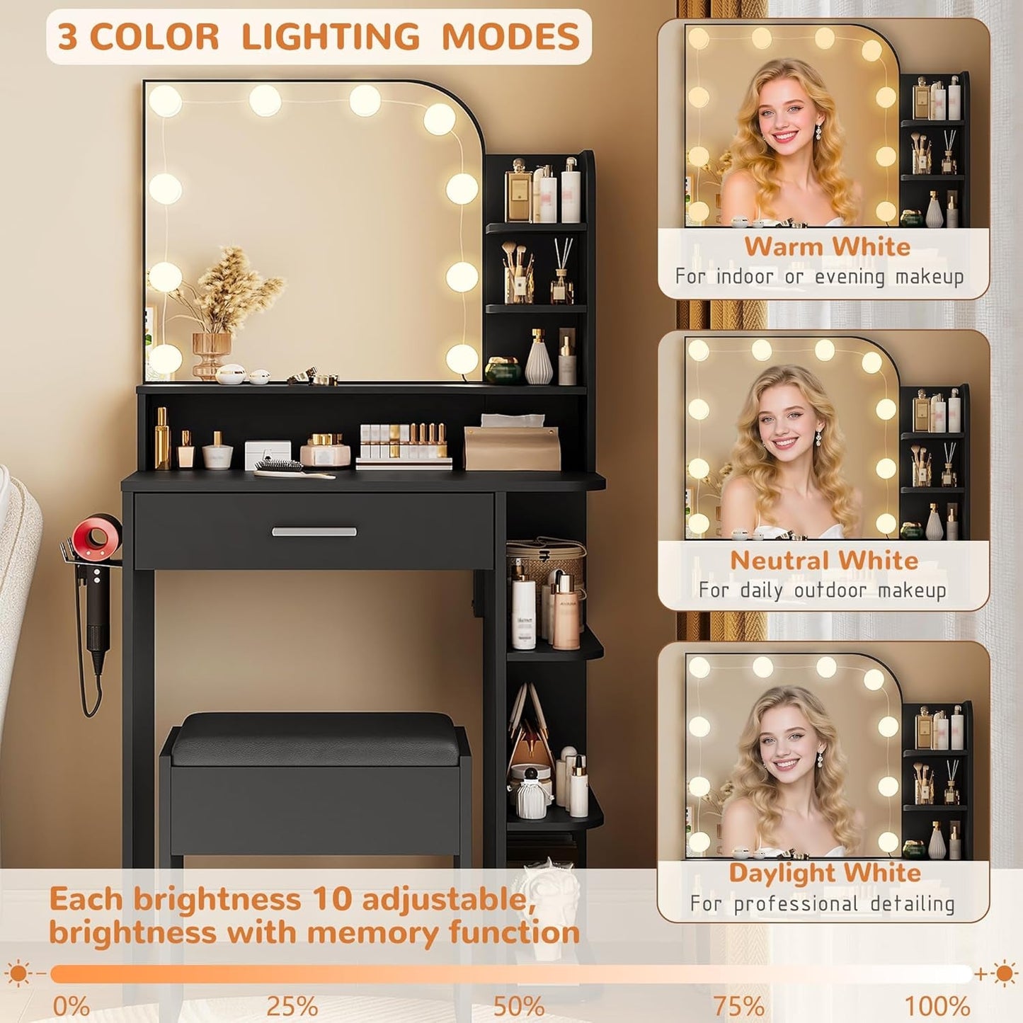 Makeup Vanity Desk With Adjustable Lighting Mirrors