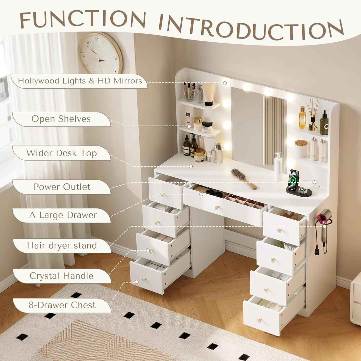 White Rhinestone Vanity Desk With Illuminated Mirror