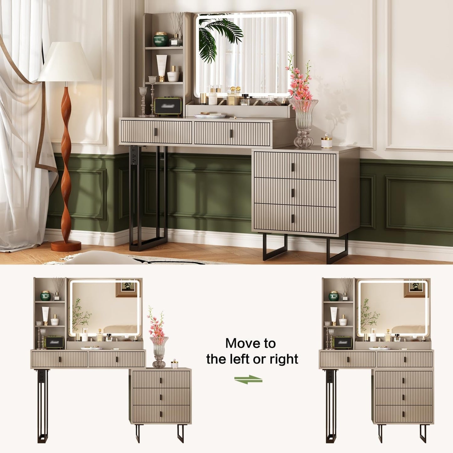 Large Vanity Desk Featuring Illuminated Dimming Mirror