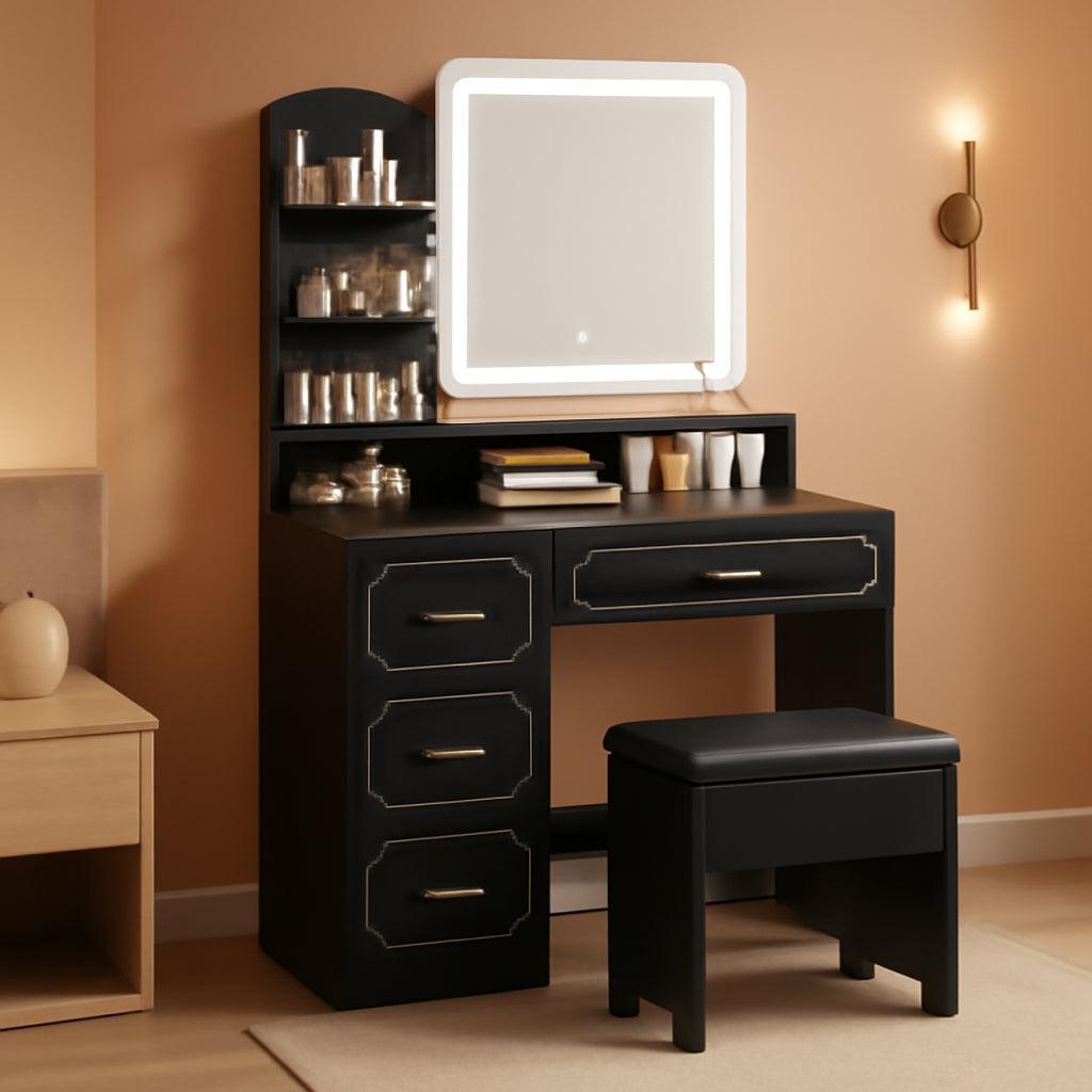 Black Vanity Table With Illuminated Mirror Outlets