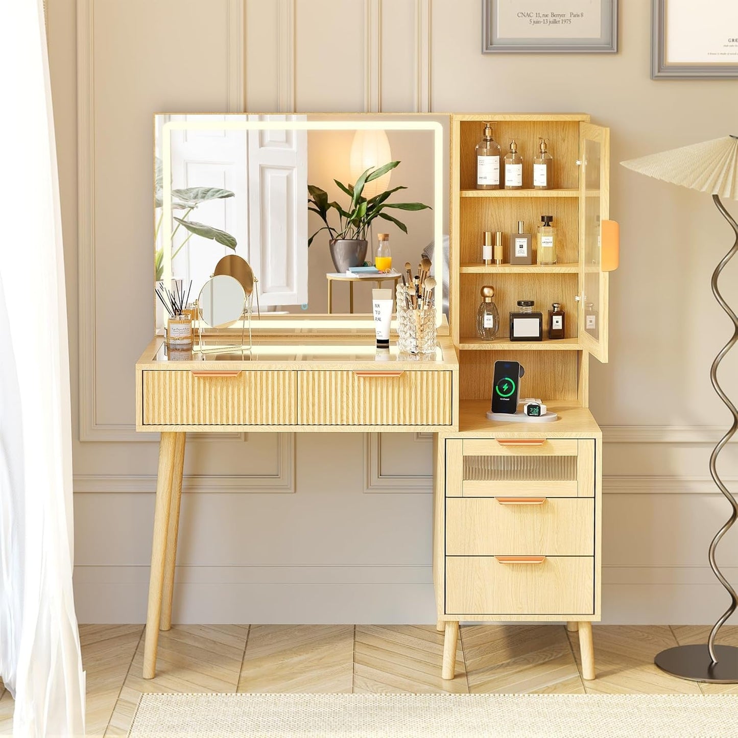 Light Oak 45 Inch Vanity Desk Including Mirror And Lights
