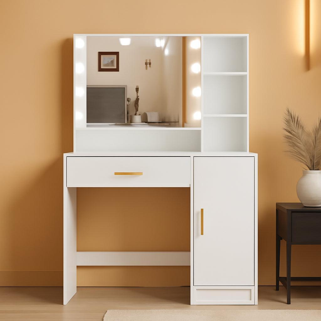 White Vanity Desk With Adjustable Brightness Lights