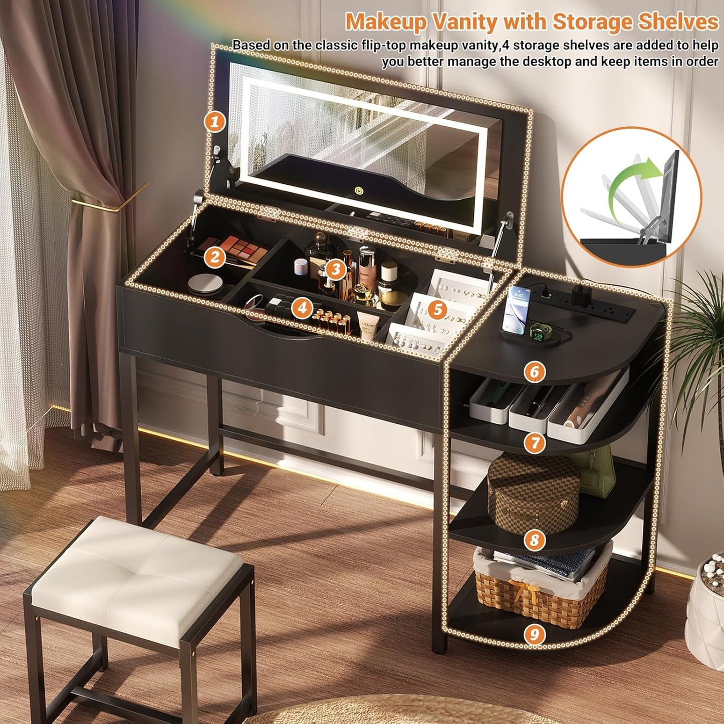 Black Vanity Desk With Multifunctional Ambient Mirror