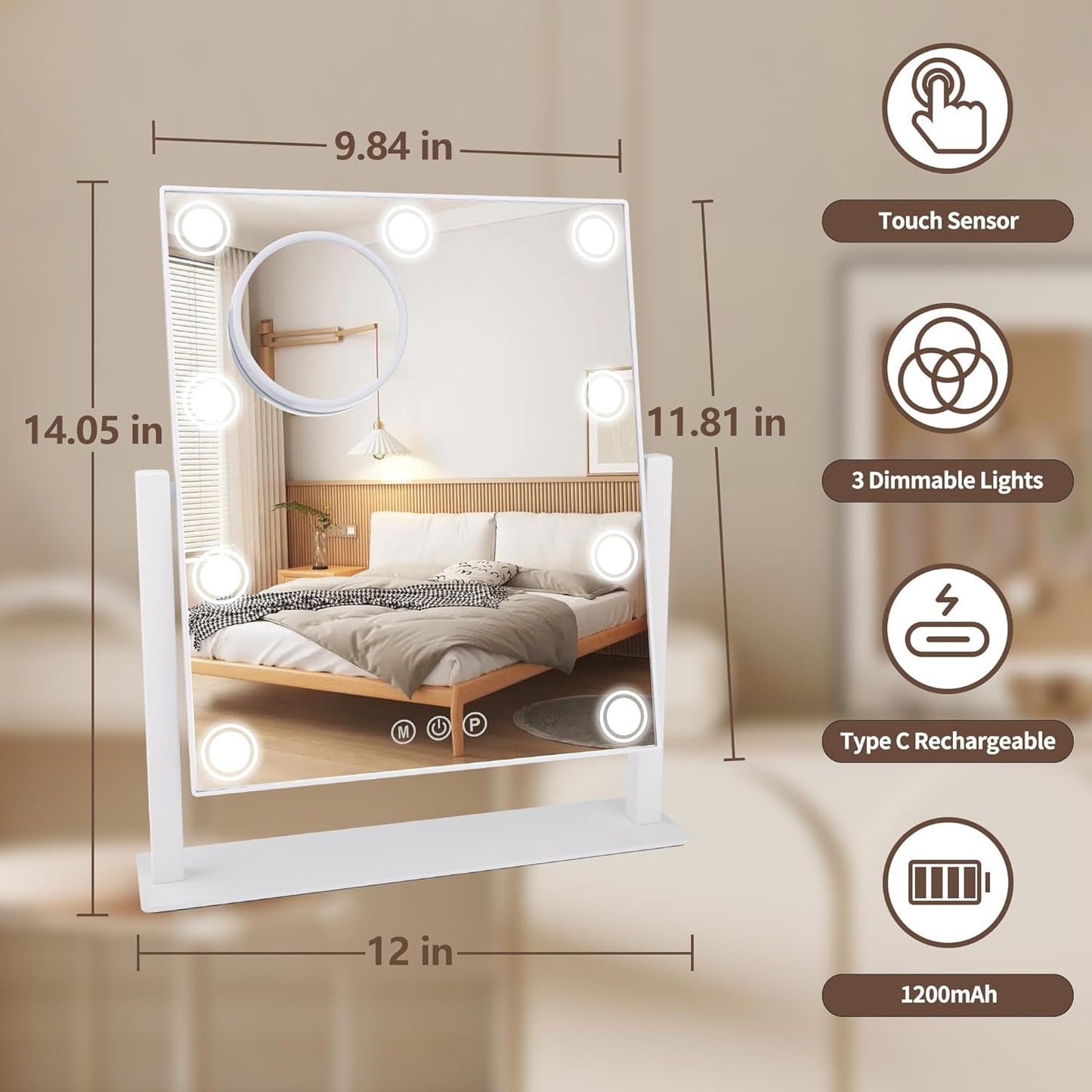 14x12 Inch Lighted Makeup Mirror White Rechargeable