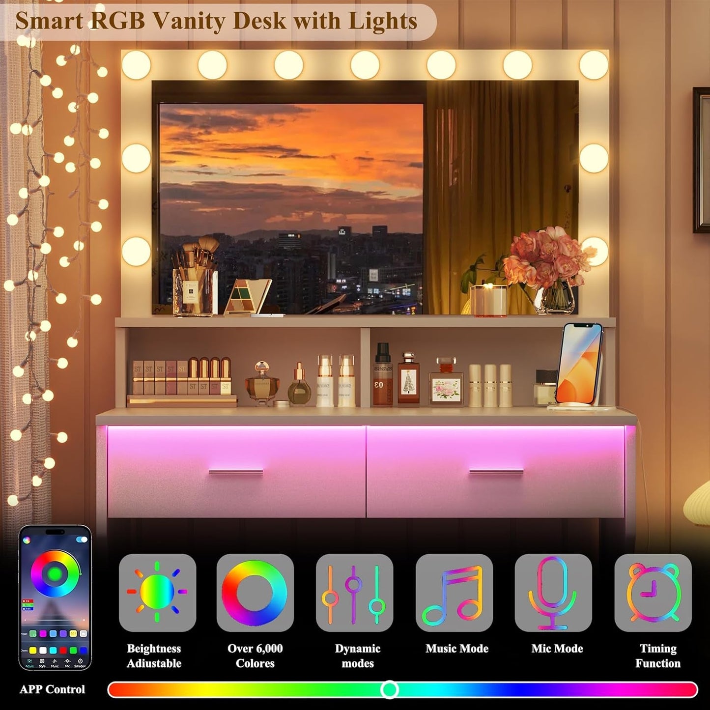 Small White Vanity Desk With RGB Ambient Illumination