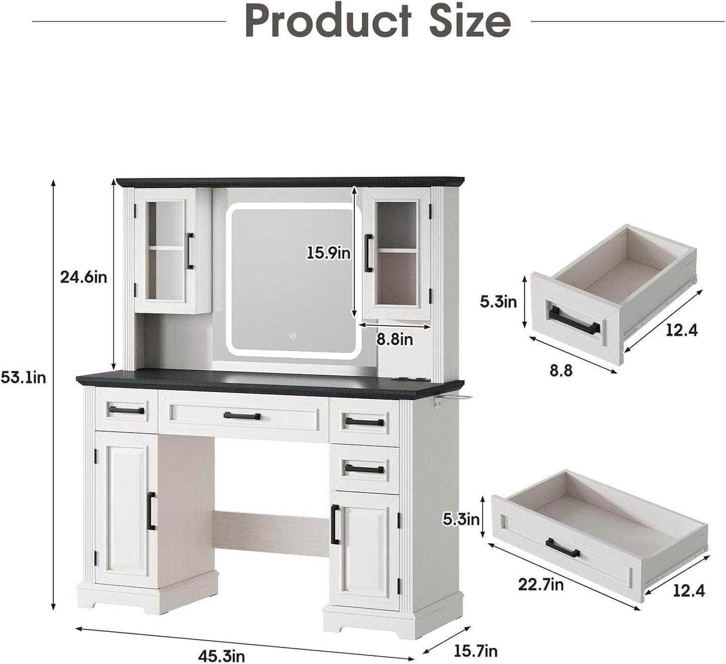 Forty Five Inch Wide White Vanity Desk LED Mirror Storage Unit