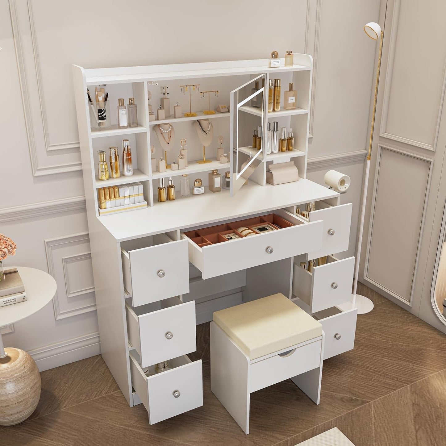 White Vanity Desk Dimmable LED Mirror Storage Space