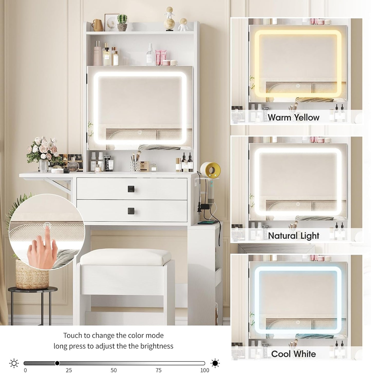 White Vanity Desk With Integrated Charging Station