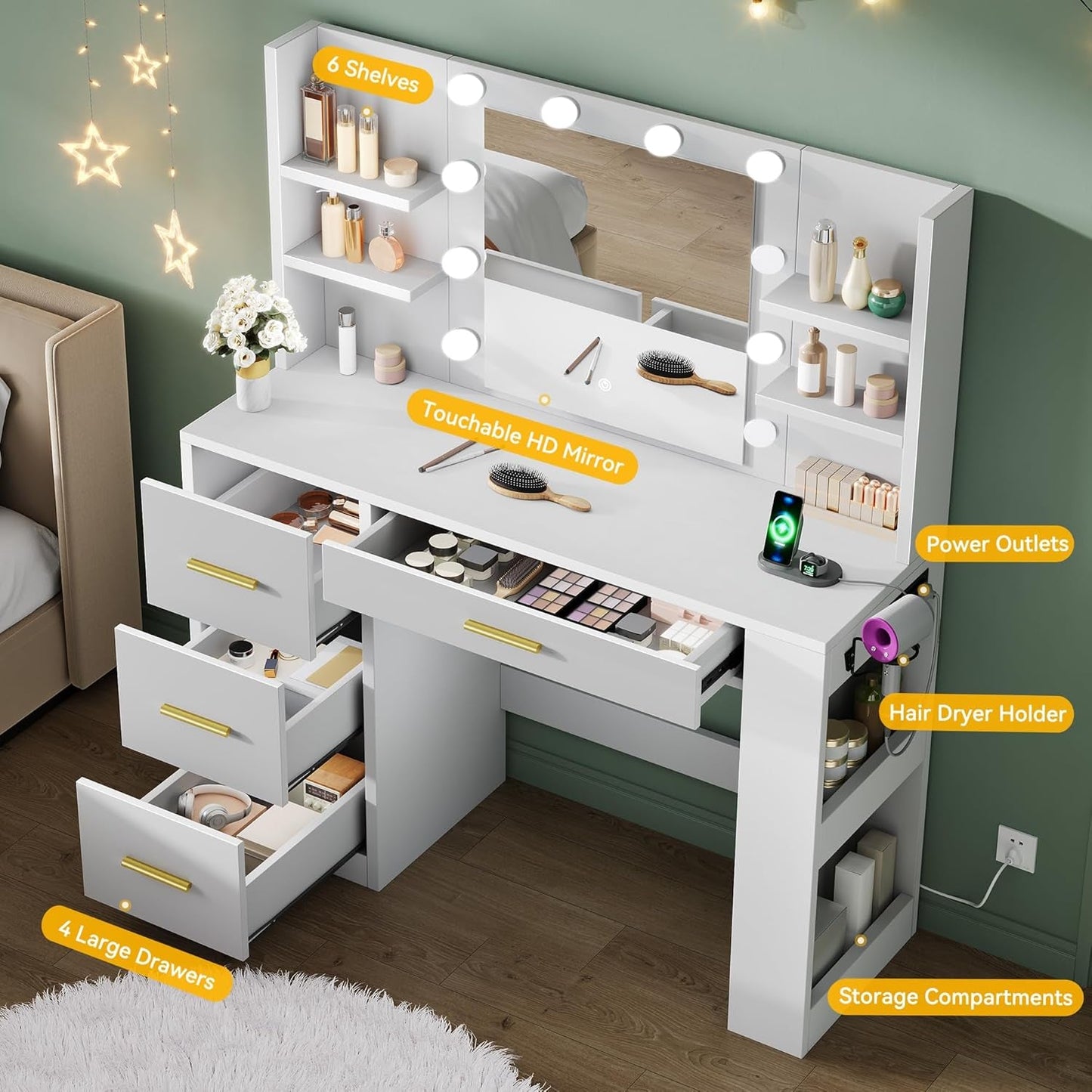 White Vanity Desk With Customizable LED Illumination